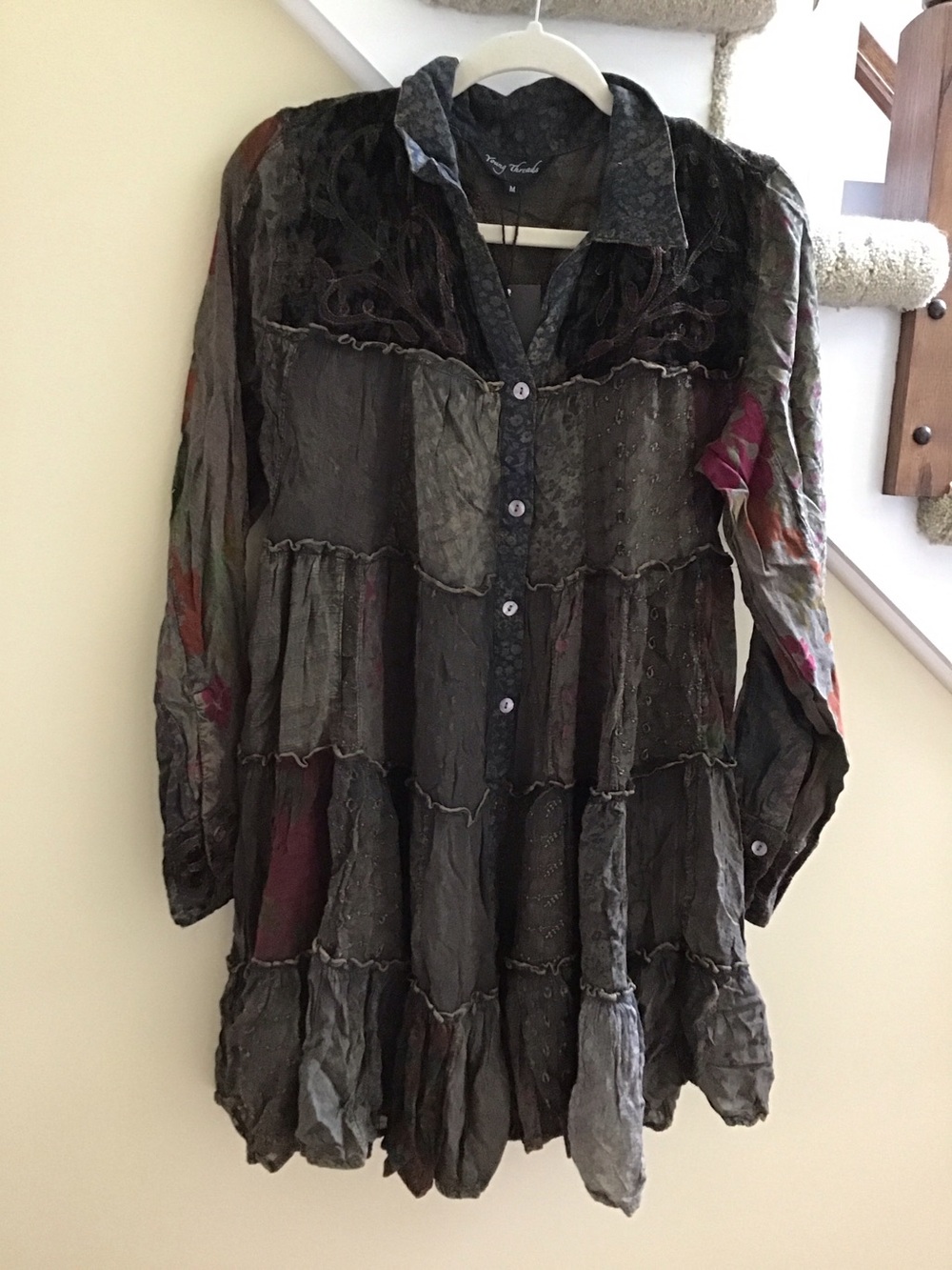YOUNG THREADS NWT Dress Black Olive Velvet Floral Embroidered Size Medium